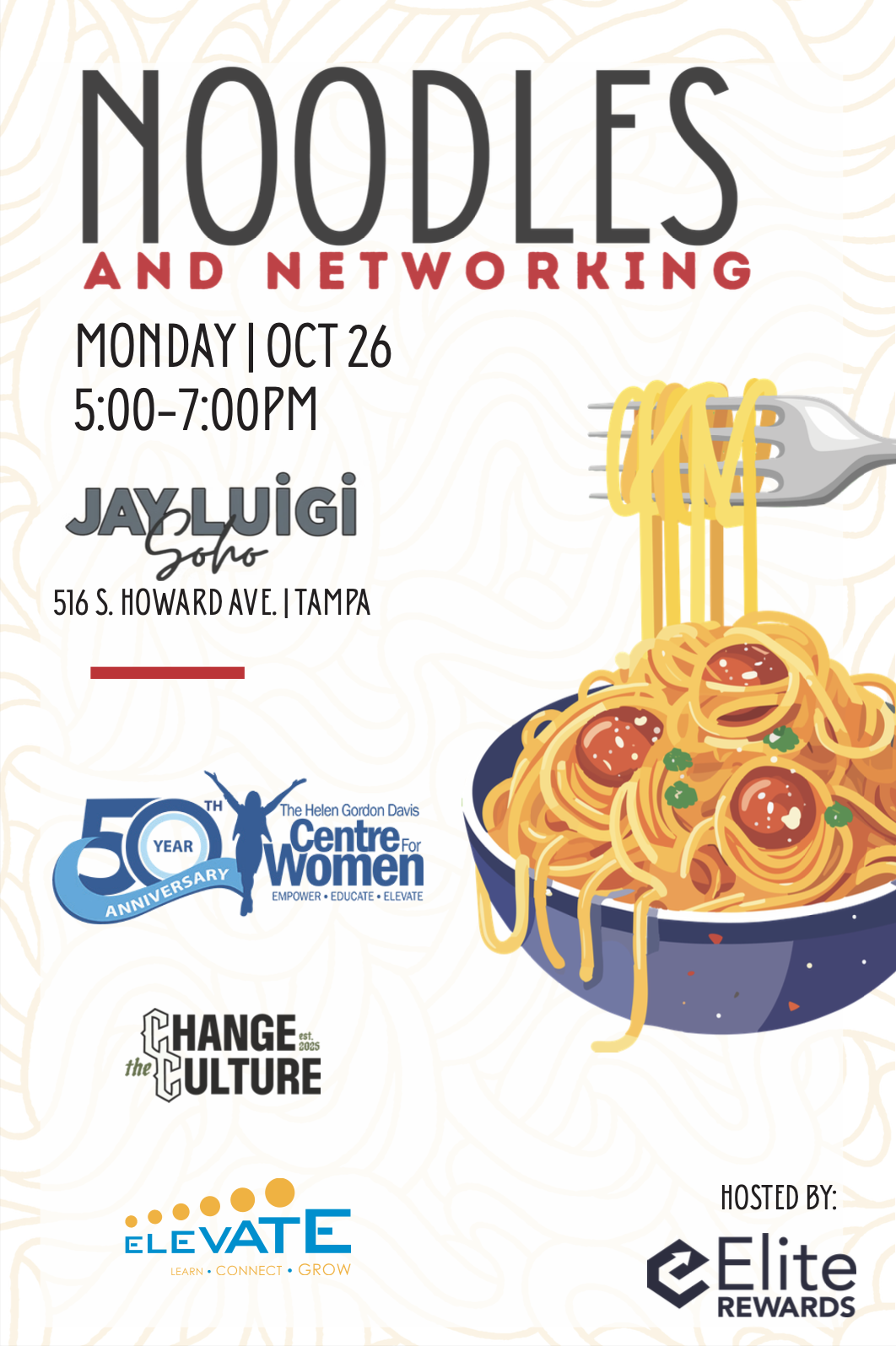 Noodles & Networking October 26 flyer supporting The Centre for Women